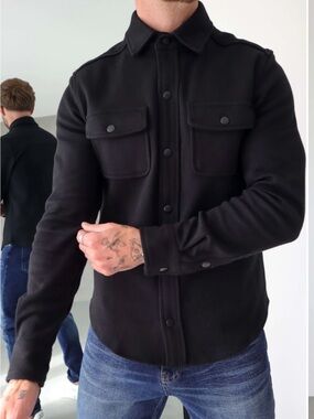 Men's Black Button-Front Shirt Jacket